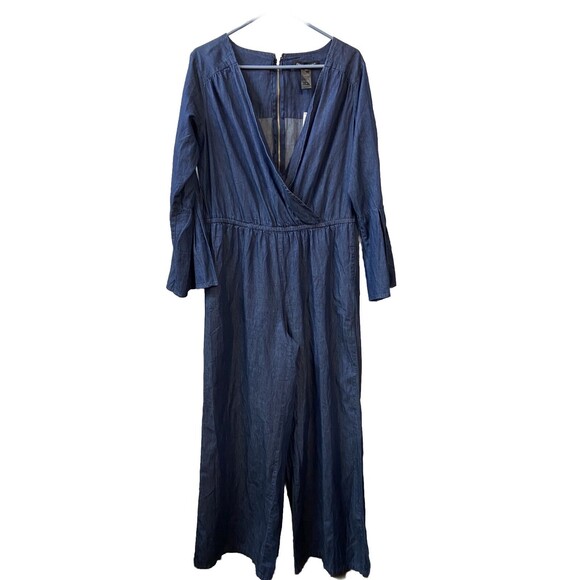 Ashley Stewart Jumper Plus Size 12 Boho Denim Chambray Zip up Bell Sleeve NWT - Picture 1 of 7